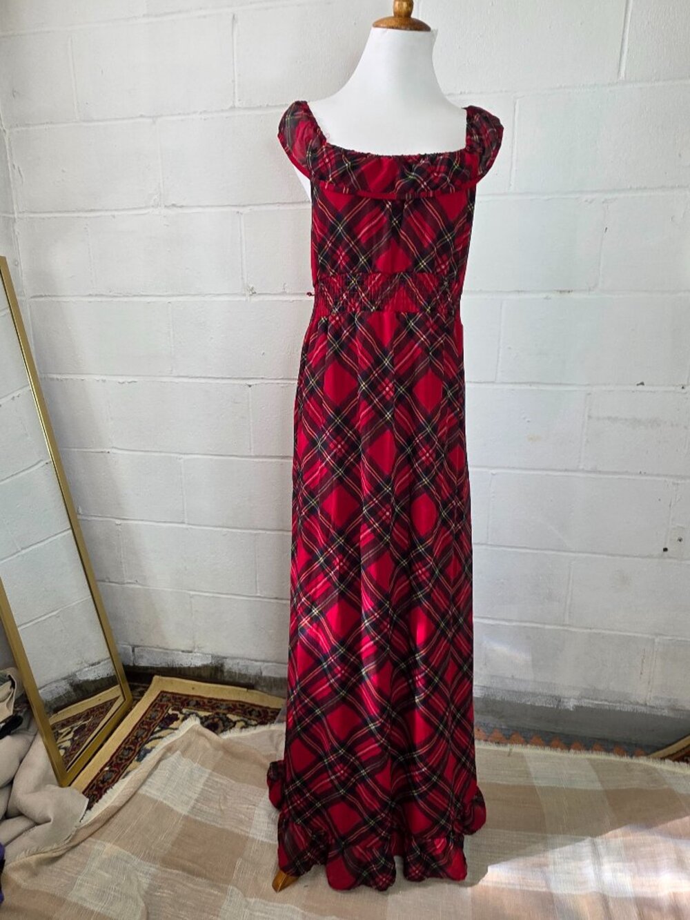 y2k Outlander Gothic Alt Western Whimsical Red Tartan Plaid Flowy Maxi Dress